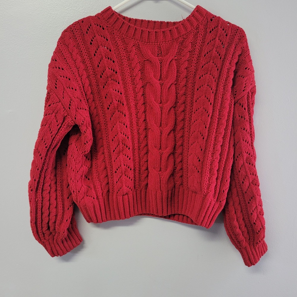 Pink Rose Red Chunky Cable‎ Knit Chenille Crop Sweater Womens Medium 4S27410